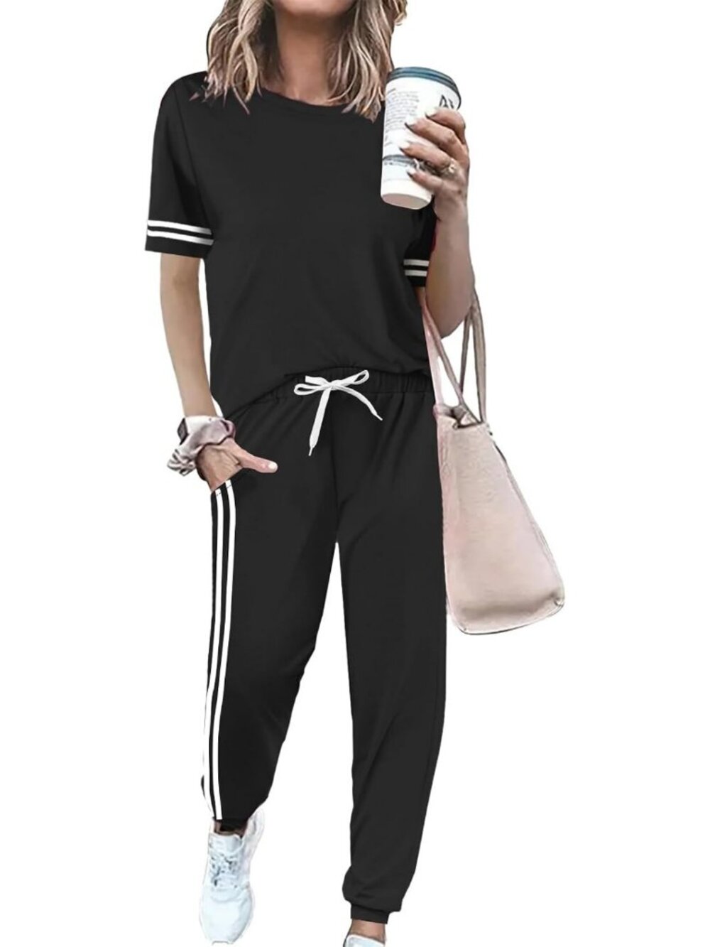 Stylish Women's 2-Piece Summer Striped Lounge Set - Short Sleeve Pullover